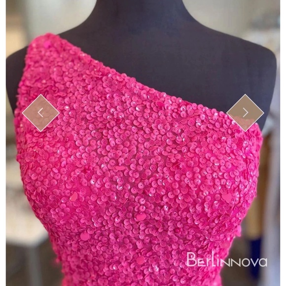 Fuscia Asymmetrical One Shoulder Sequin Cocktail Dress - Picture 3 of 5